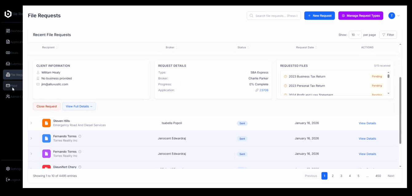 File Requests dashboard