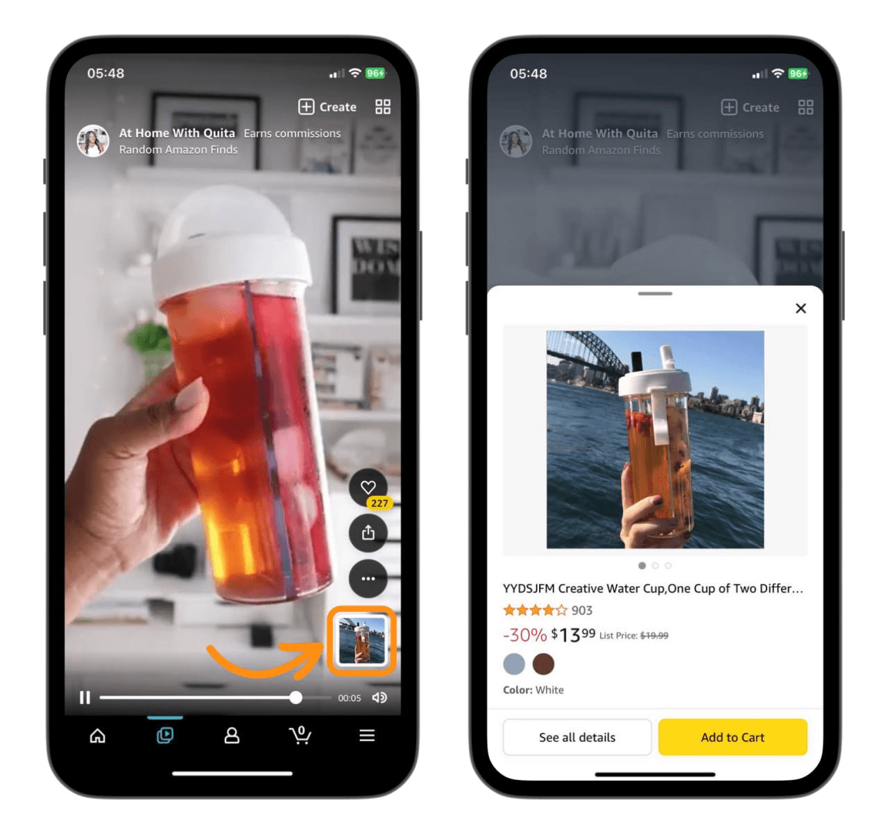 Amazon Inspire — video playback view and product detail pop-up showing discovery-to-purchase flow