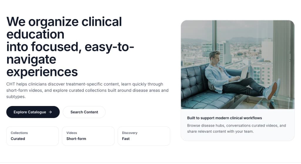 Clinical education landing — catalogue, search, and workflow-focused messaging